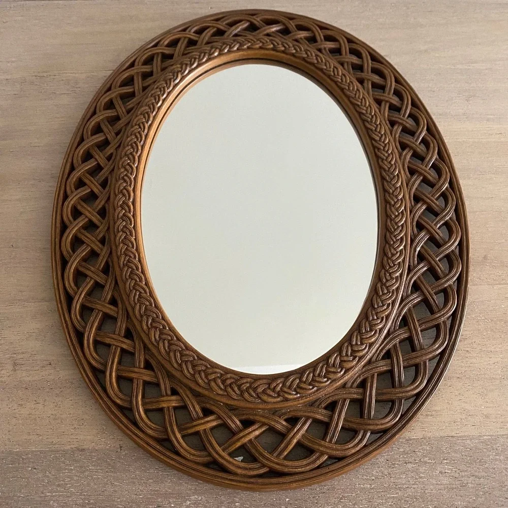 Vintage Homco Dart Burwood Faux Wood Rattan MCM Oval Mirror